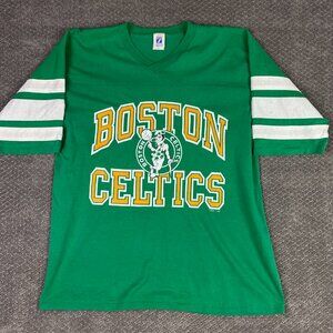Vintage 90s Boston Celtics Logo 7 T Shirt Men's XL Green Made in USA Striped